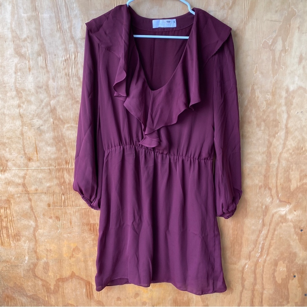 Amanda Uprichard Ruffled Mini Dress Wine Colored Long Sleeve V-Neck